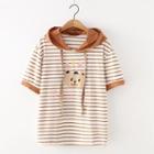 Short-sleeve Striped Bear Print Hooded T-shirt