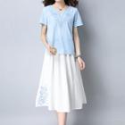 Set: Flower Embroidered Short Sleeve T-shirt + Midi Flared Skirt