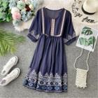 Elbow-sleeve Embroidered Drawstring Dress