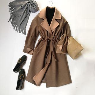 Notch Lapel Tie-waist Long Woolen Coat
