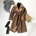 Notch Lapel Tie-waist Long Woolen Coat