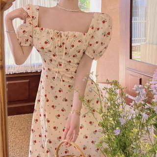 Puff-sleeve Square-neck Bow Accent Floral Dress Almond - One Size