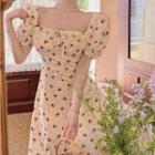 Puff-sleeve Square-neck Bow Accent Floral Dress Almond - One Size