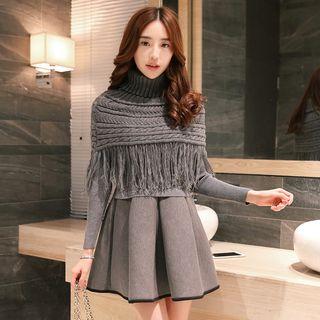 Set: Fringed Cable Knit Cape + Long Sleeve A-line Dress