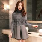 Set: Fringed Cable Knit Cape + Long Sleeve A-line Dress