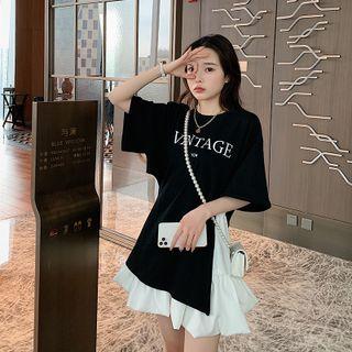 Elbow-sleeve Lettering Print Slit T-shirt / Mini A-line Skirt / Set