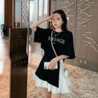 Elbow-sleeve Lettering Print Slit T-shirt / Mini A-line Skirt / Set