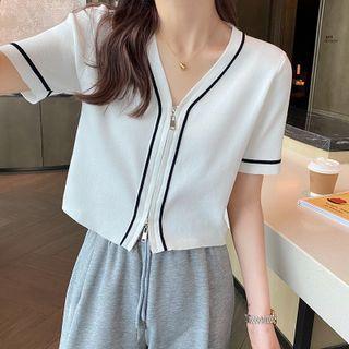 Short-sleeve Contrast Trim Zip-up Knit Top
