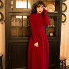 Mock-turtleneck Ribbed Midi A-line Knit Dress Wine Red - One Size
