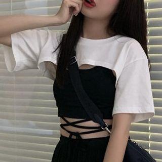 Elbow-sleeve Cropped T-shirt / Tie-waist Camisole Top