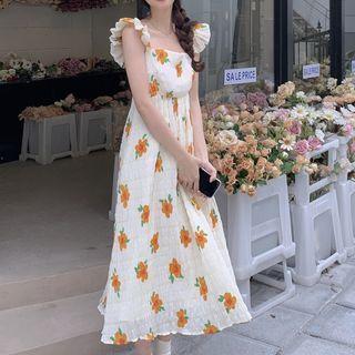 Ruffle Strap Floral Print Midi A-line Dress Orange Floral - Beige - One Size