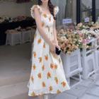 Ruffle Strap Floral Print Midi A-line Dress Orange Floral - Beige - One Size
