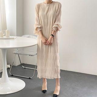 Lantern-sleeve Crinkle Midi A-line Dress