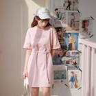 Lettering Short-sleeve Tie-waist Mini T-shirt Dress Pink - One Size