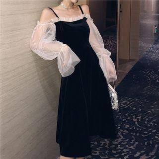 Bell-sleeve Off-shoulder Mesh Panel Slim Fit Dress