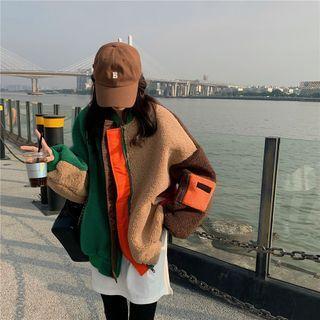 Color Block Fleece Jacket Green & Light Brown - One Size