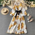 Flower Print Long-sleeve Midi A-line Dress Yellow - One Size