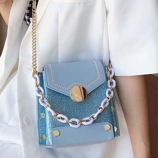 Chain Glitter Panel Flap Crossbody Bag