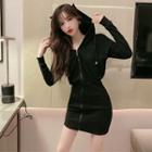 Long-sleeve Hooded Mini Bodycon Dress Black - One Size