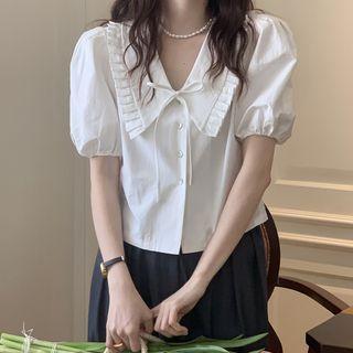 V-neck Puff-sleeve Cropped Shirt Off-white - One Size