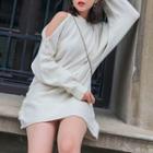 Cold Shoulder Long-sleeve Knit Dress Almond White - One Size