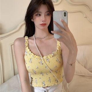 Floral Print Shirred Ruffled Cropped Camisole Top Yellow - One Size
