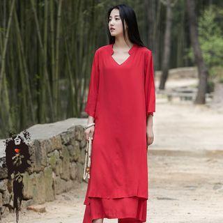 3/4-sleeve Plain Layered Dress
