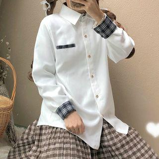 Plaid Panel Blouse White - One Size