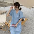 Short-sleeve V-neck A-line Dress Blue - One Size