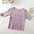 Striped Summer-knit Crop Top Pink - One Size