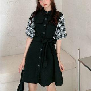 Elbow-sleeve Mock Two-piece Plaid Dress