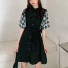 Elbow-sleeve Mock Two-piece Plaid Dress