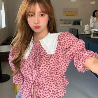 Puff Sleeve Floral Print Lace-up Blouse