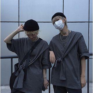Couple Matching Short-sleeve Side-tie T-shirt Gray - One Size