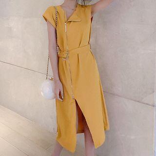 Cap-sleeve Asymmetric Zip Dress