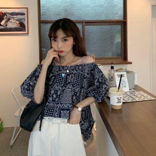 Puff-sleeve Patterned Off-shoulder Top As Shown In Figure - One Size