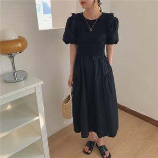 Short-sleeve Smocked Midi A-line Dress Black - One Size