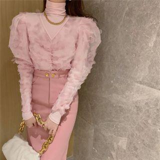 Long-sleeve Turtleneck Top / Lace Blouse / Midi Pencil Skirt