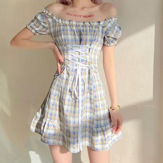 Puff-sleeve Plaid Lace-up Mini A-line Dress