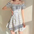 Puff-sleeve Plaid Lace-up Mini A-line Dress