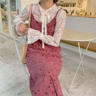 Lace Long-sleeve Top / Floral Spaghetti Strap Midi Dress / V-neck Cardigan