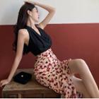 Sleeveless Plain Halter Top / Cherry Print Slim-fit Midi Skirt