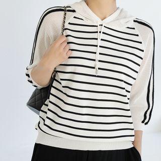 Mesh-yoke Striped Hooded Top