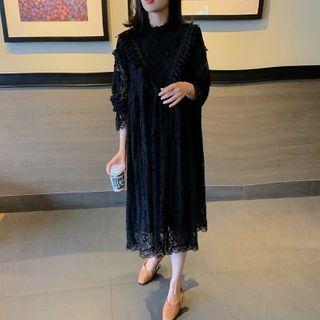 Ruffled Flared-cuff Midi Lace Dress