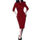 Bow Accent 3/4 Sleeve Midi Pencil Dress