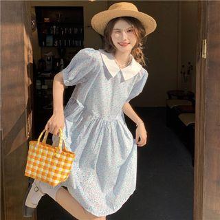 Puff-sleeve Collar Floral Mini A-line Dress Floral - Blue - One Size