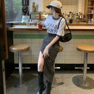 Two-tone Lettering T-shirt + Plain Asymmetrical Skirt
