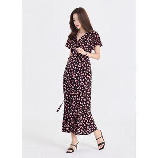 Bell-sleeve Heart Leopard Maxi Wrap Dress
