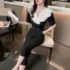Puff-sleeve Double-breasted Ruffled Jumpsuit