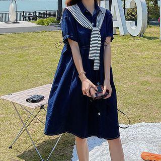 Set: Elbow-sleeve Denim Shirtdress + Shawl
